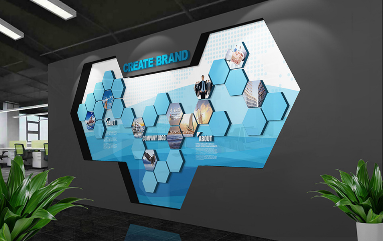 現(xiàn)代科技企業(yè)展廳文化墻3d效果圖設計
