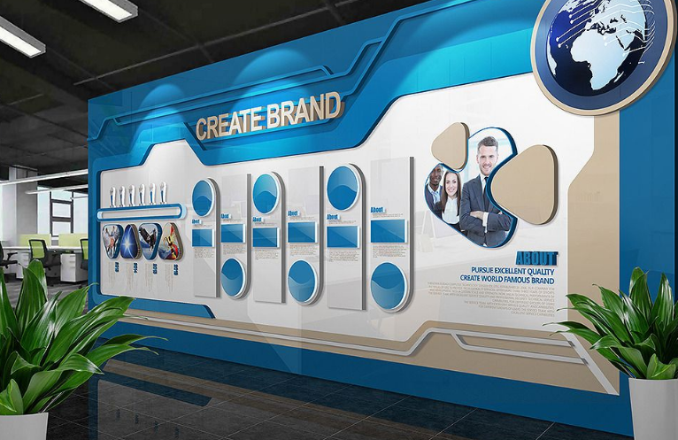 藍色大氣夢想遠航公司文化墻展廳3d效果圖圖片