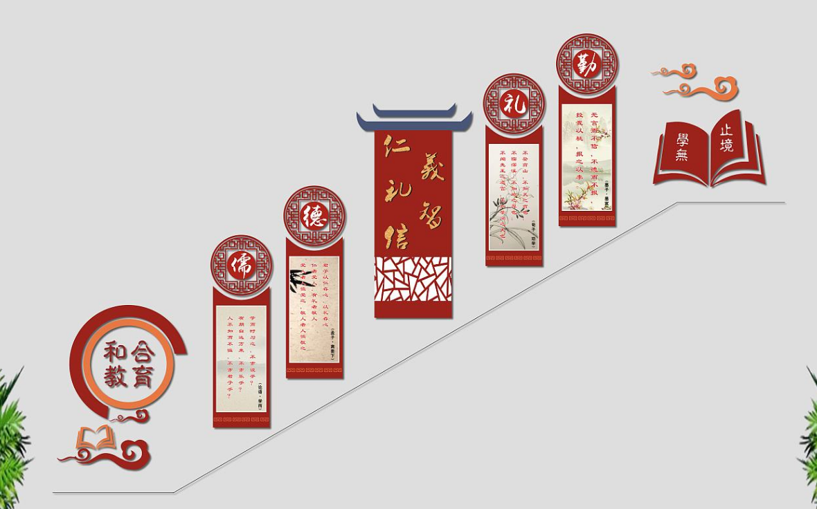 大氣紅色古典中式企業(yè)文化墻3d立體樓梯文化墻