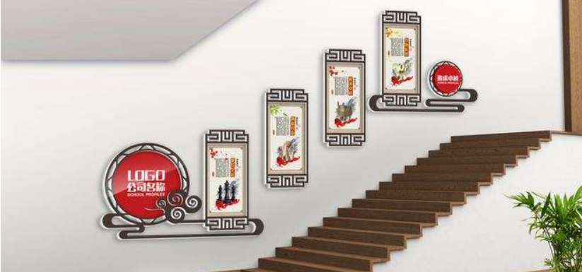 古典十九大不忘初心樓梯黨建文化墻3d效果圖模板