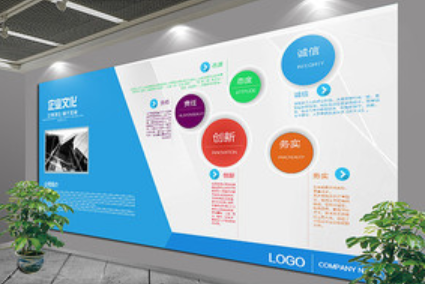 藍色簡約大氣公司企業文化墻辦公室形象墻圖片